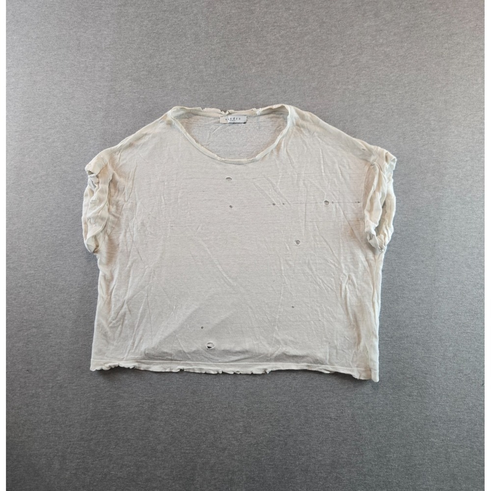Sandro Paris Shirt Womens 1 (Small) Cream Distressed 100% Linen Made In Portugal